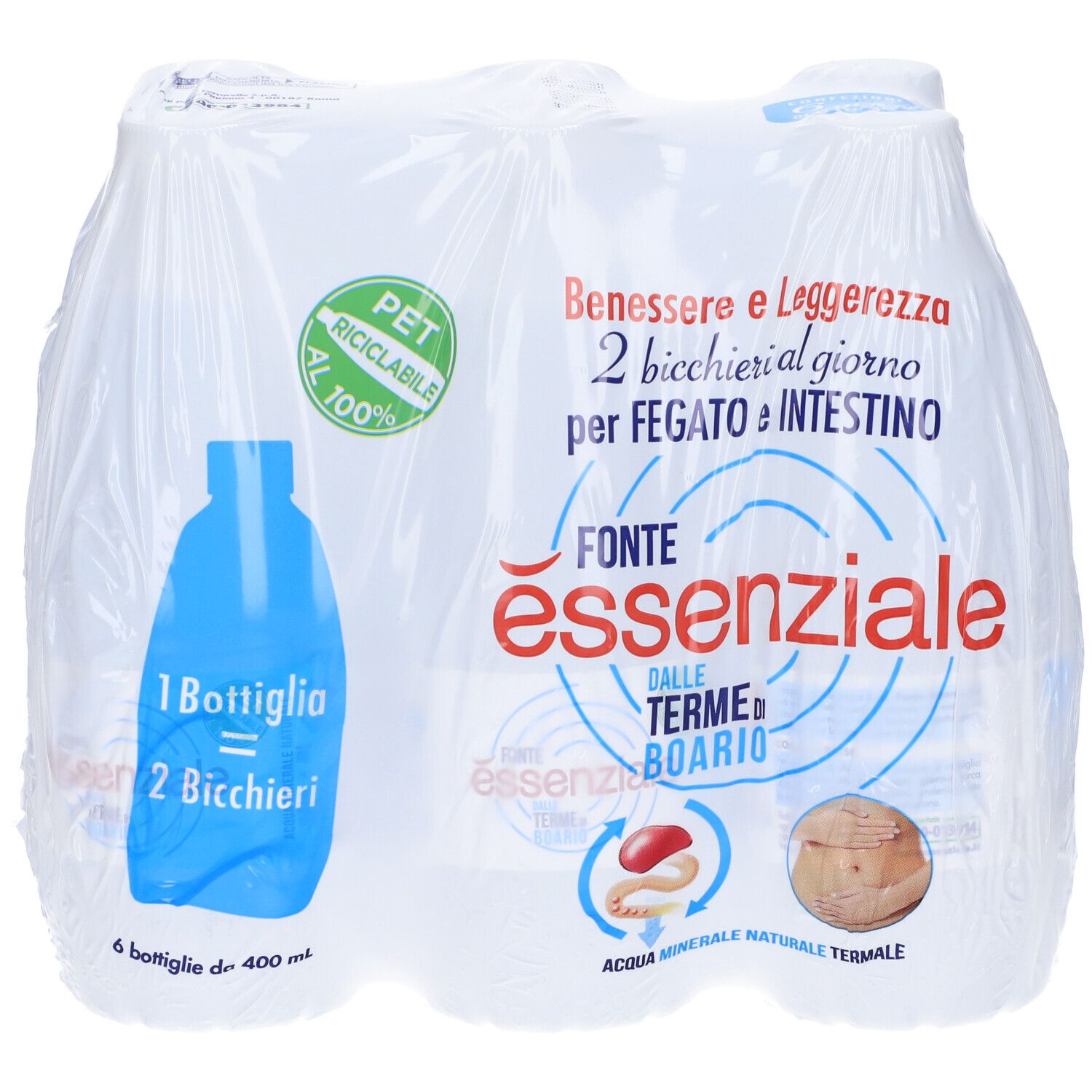 Confezione di sei bottiglie d'acqua. Scritta: Fonte Essenziale dalle Terme di Boario. Illustrazione bottiglia blu.