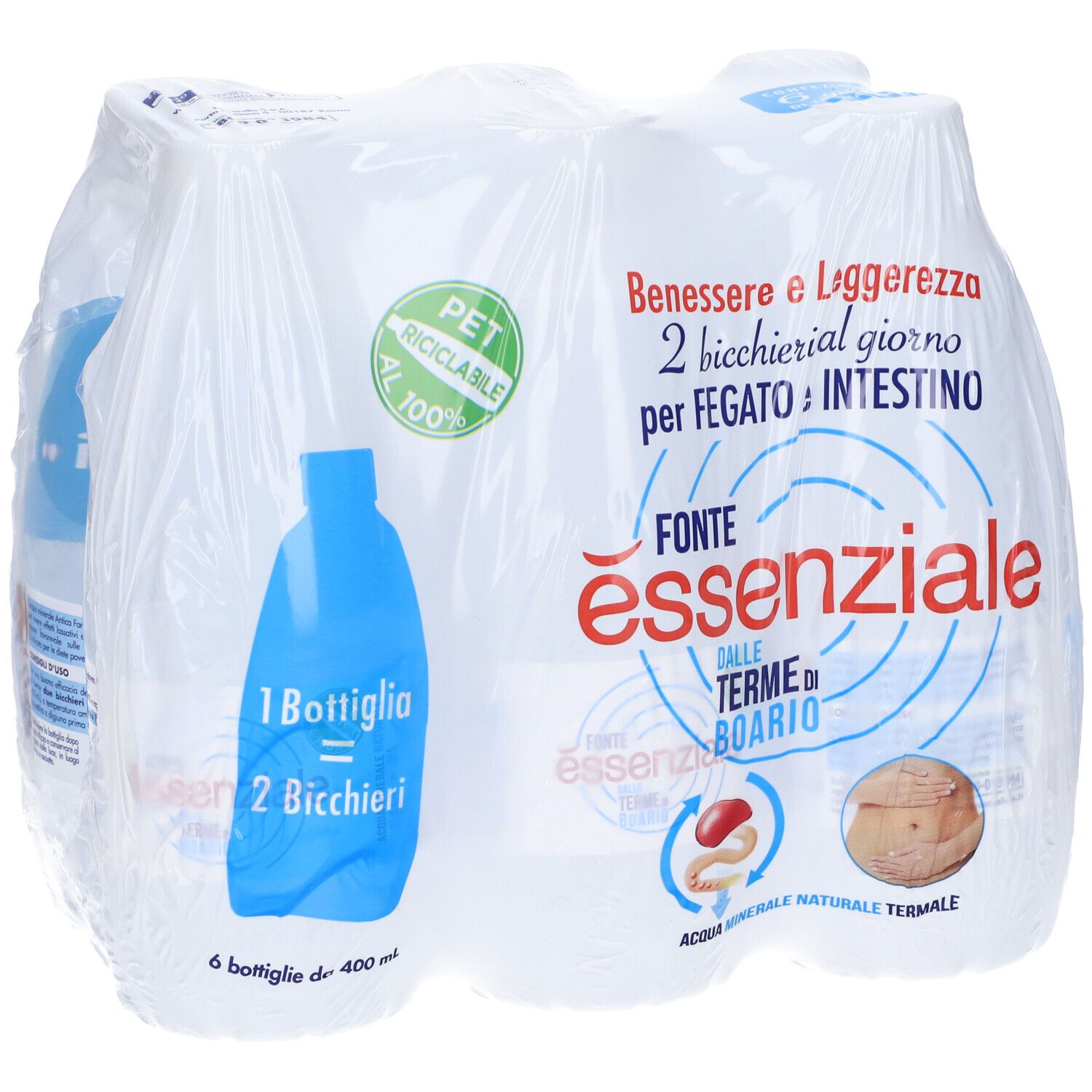 Confezione di sei bottiglie d'acqua. Scritta: Fonte Essenziale dalle Terme di Boario. Illustrazione bottiglia blu.
