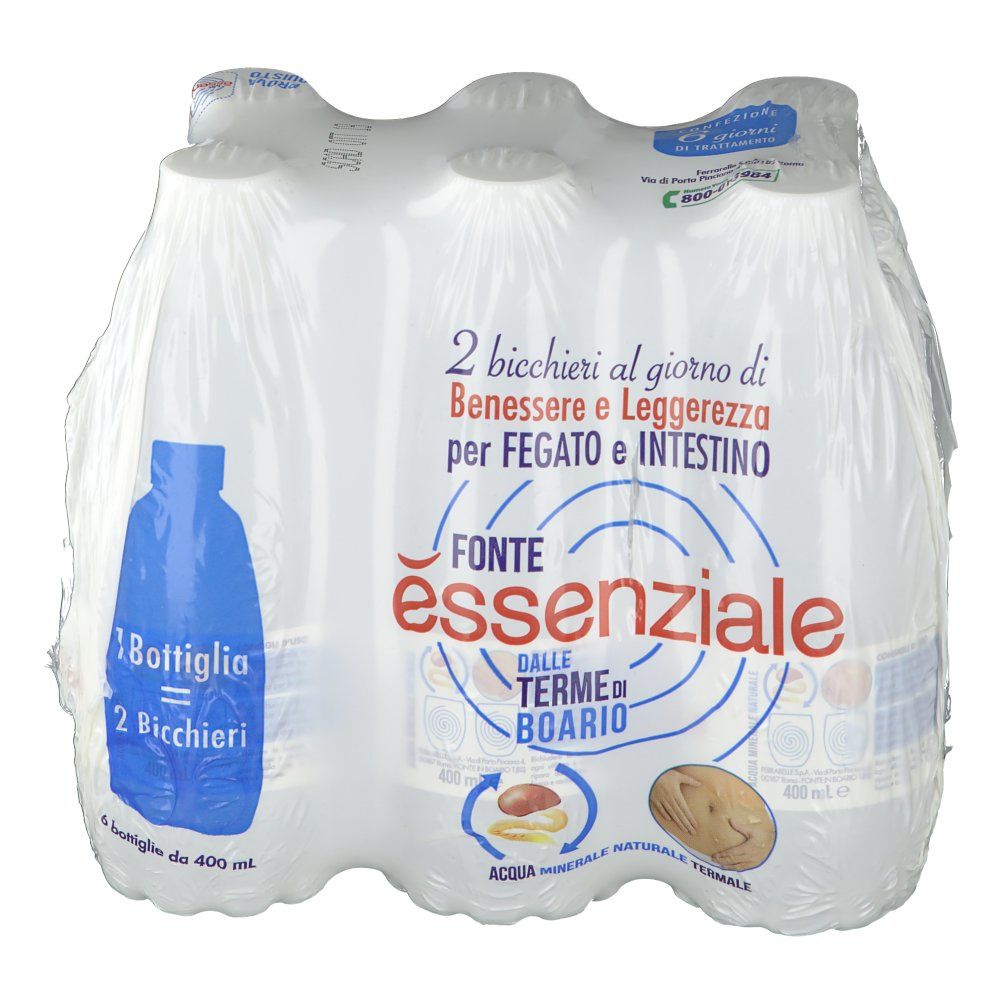 Confezione di sei bottiglie d'acqua. Scritta: Fonte Essenziale dalle Terme di Boario. Illustrazione bottiglia blu.