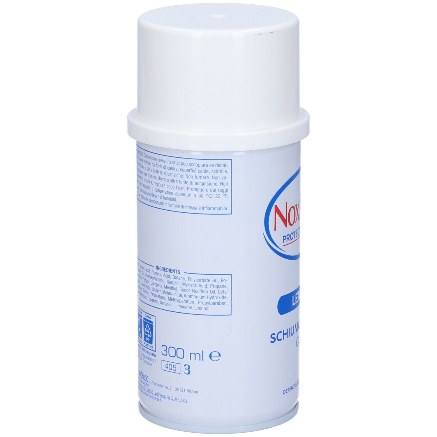Retro del barattolo Noxzema Protective Shave Classic. Testo: Ingredienti, 300 ml, 405 3. Simboli di riciclaggio.
