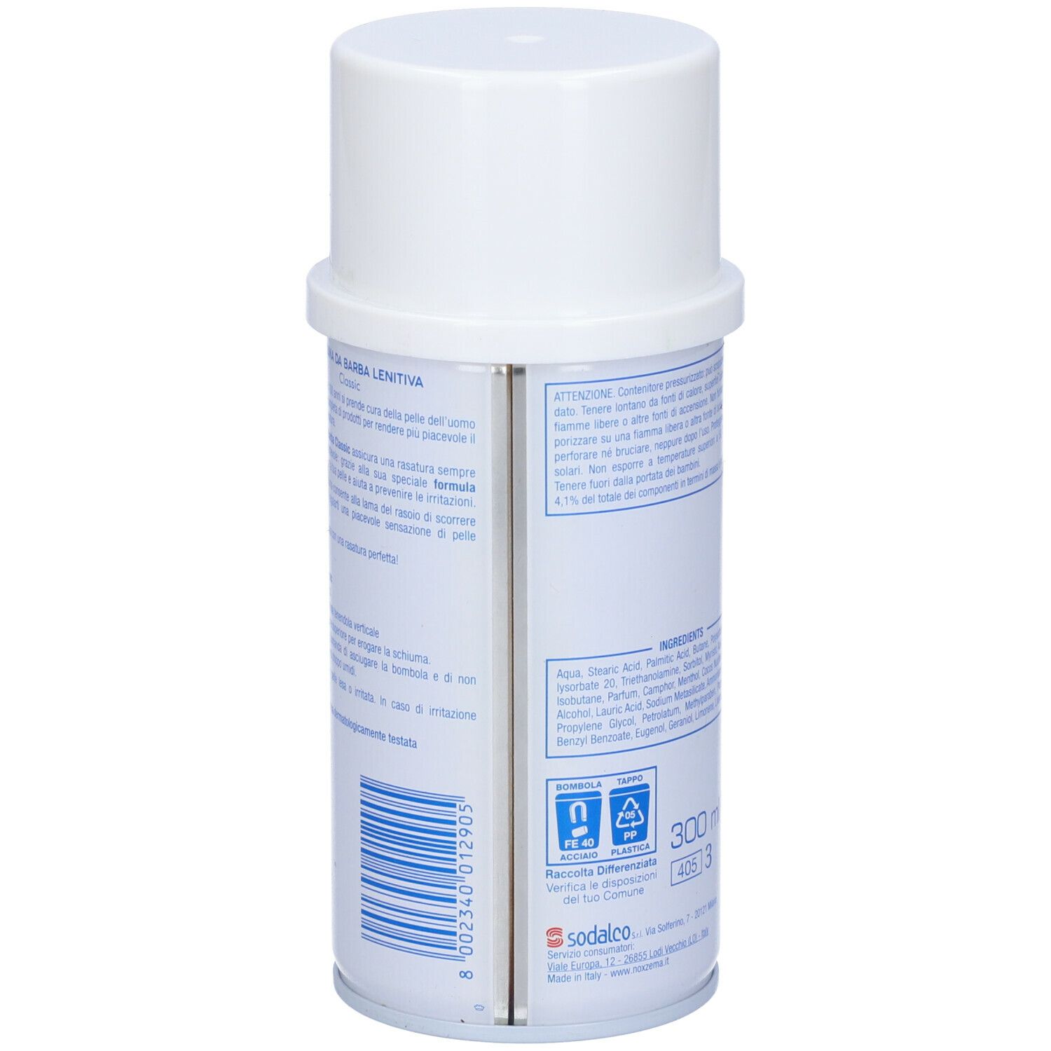 Retro del barattolo Noxzema Protective Shave Classic. Testo: Ingredienti, 300 ml, 405 3. Simboli di riciclaggio.