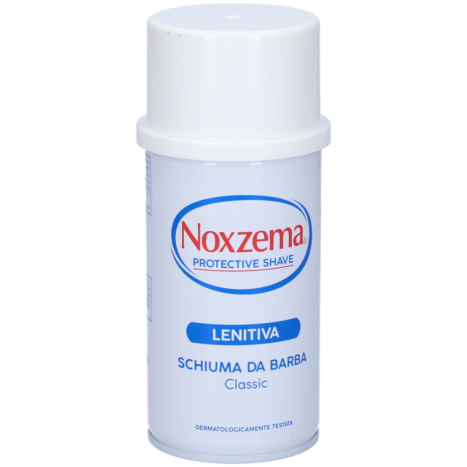 Noxzema Protective Shave Classic. Barattolo bianco con logo blu e rosso. Testo: Lenitiva, Schiuma da barba, Classic. Dermatologicamente testato.