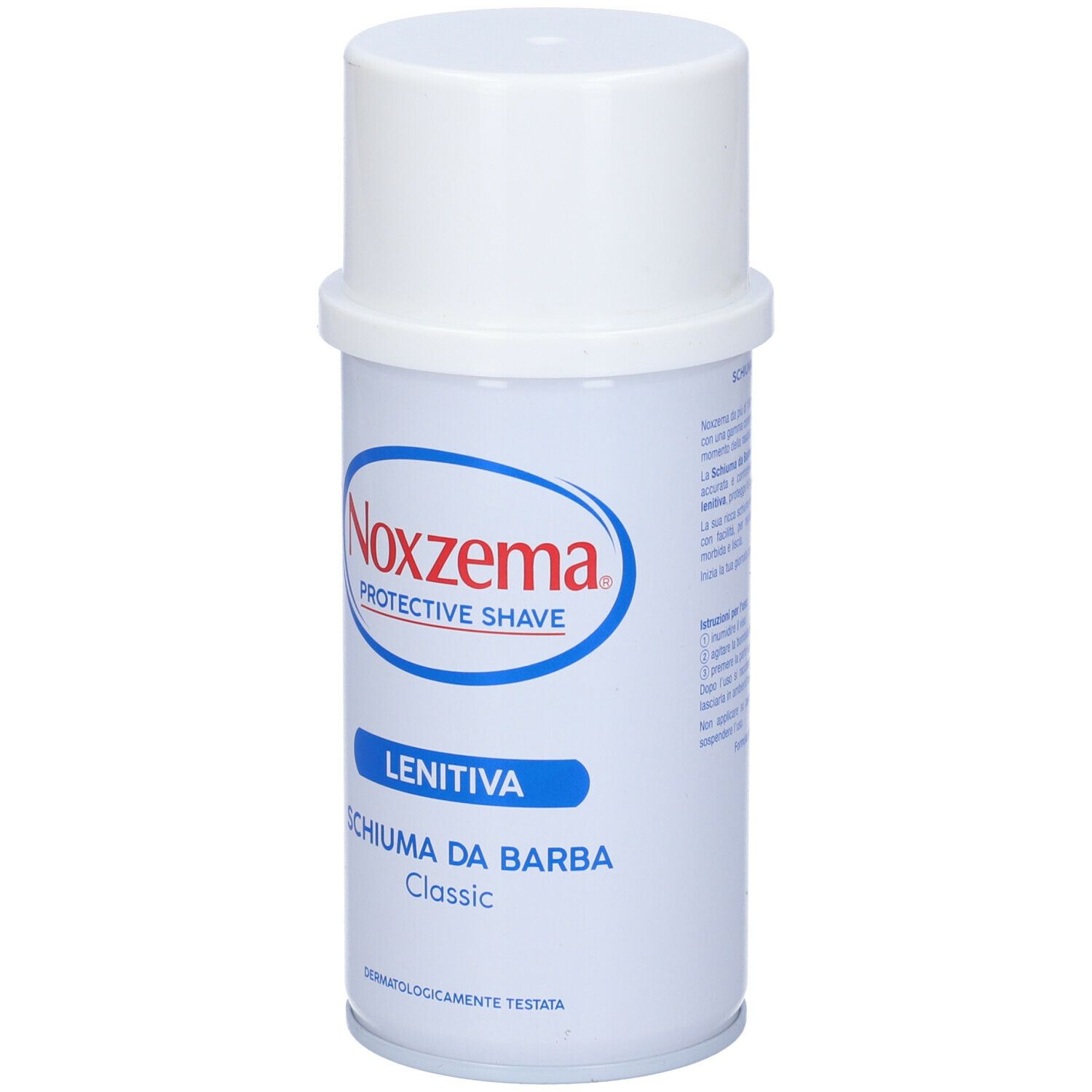 Noxzema Protective Shave Classic. Barattolo bianco con logo blu e rosso. Testo: Lenitiva, Schiuma da barba, Classic. Dermatologicamente testato.