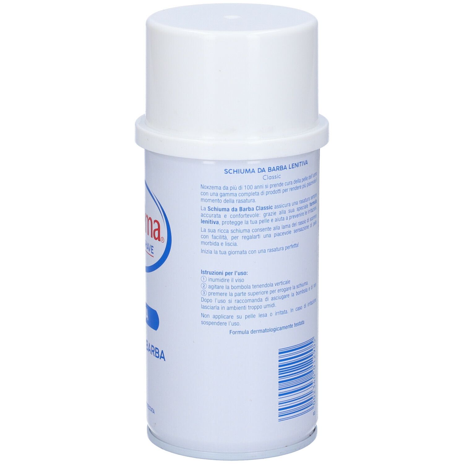 Retro del barattolo Noxzema Protective Shave Classic. Testo: Schiuma da barba lenitiva. Istruzioni per l'uso. Dermatologicamente testato.