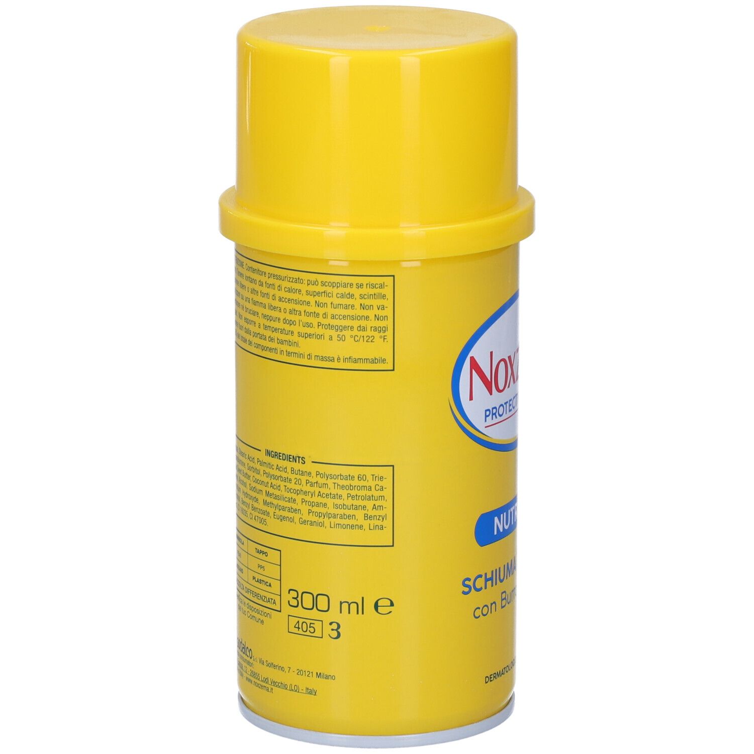 Gelbe Aerosoldose mit blauem Etikett, das "Noxzema" und "SCHIUMA con Burro di Cacao" anzeigt. Enthält 300 ml.