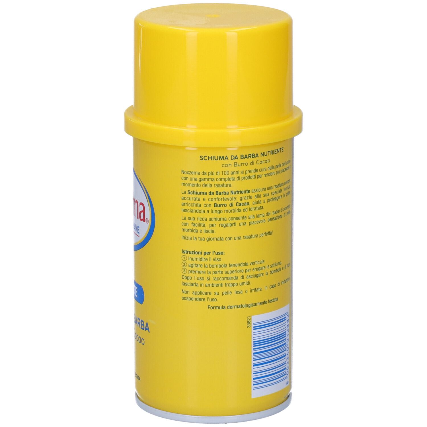 Gelbe Aerosoldose mit Rasierschaum, mit Kakao-Butter-Formel. Enthält Anweisungen und Produktinformationen.