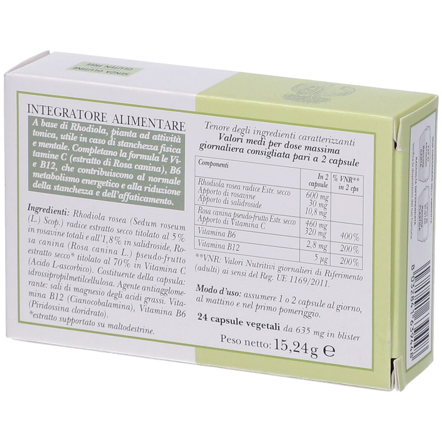 Rückseite der Rhodiola Forte Verpackung. Text mit Inhaltsstoffen und Nährwertangaben.