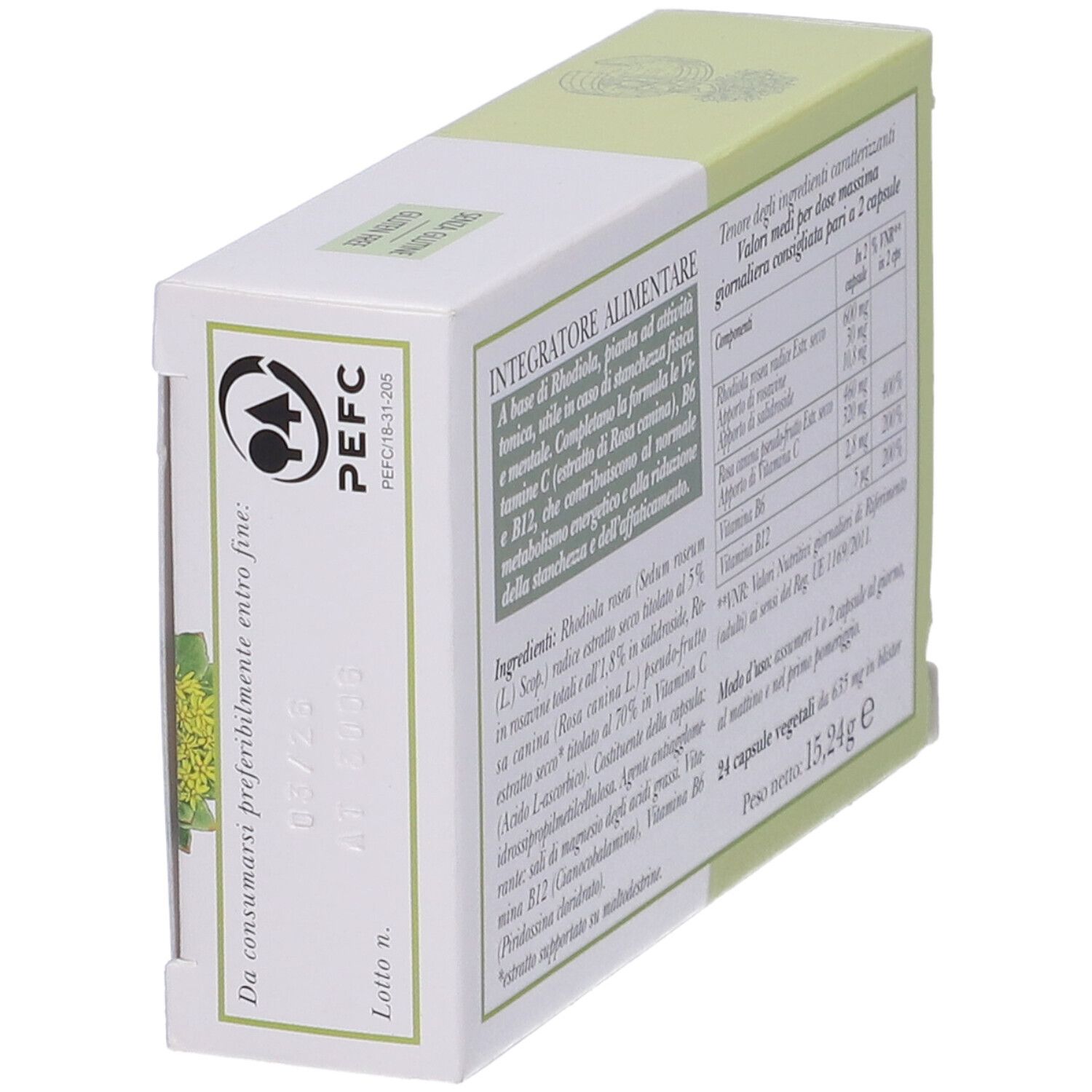 Schrägansicht der Rückseite der Rhodiola Forte Verpackung. Text und Zertifizierungen.