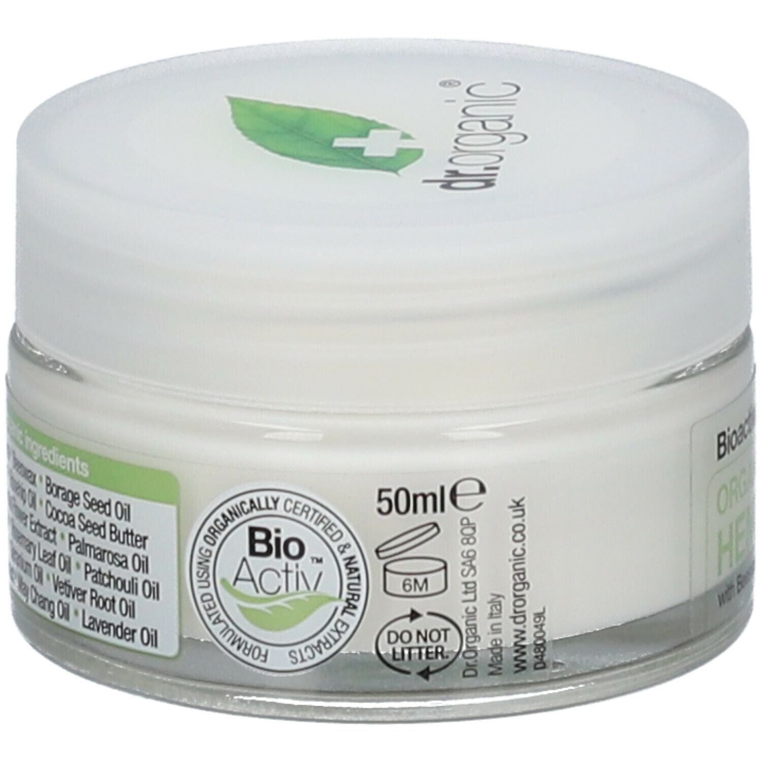 Vasetto di crema con coperchio. Scritta: 50ml, Bio Activ, ingredienti. Contiene olio di semi di canapa, olio di borragine, burro di cacao, ecc. Prodotto nel Regno Unito.