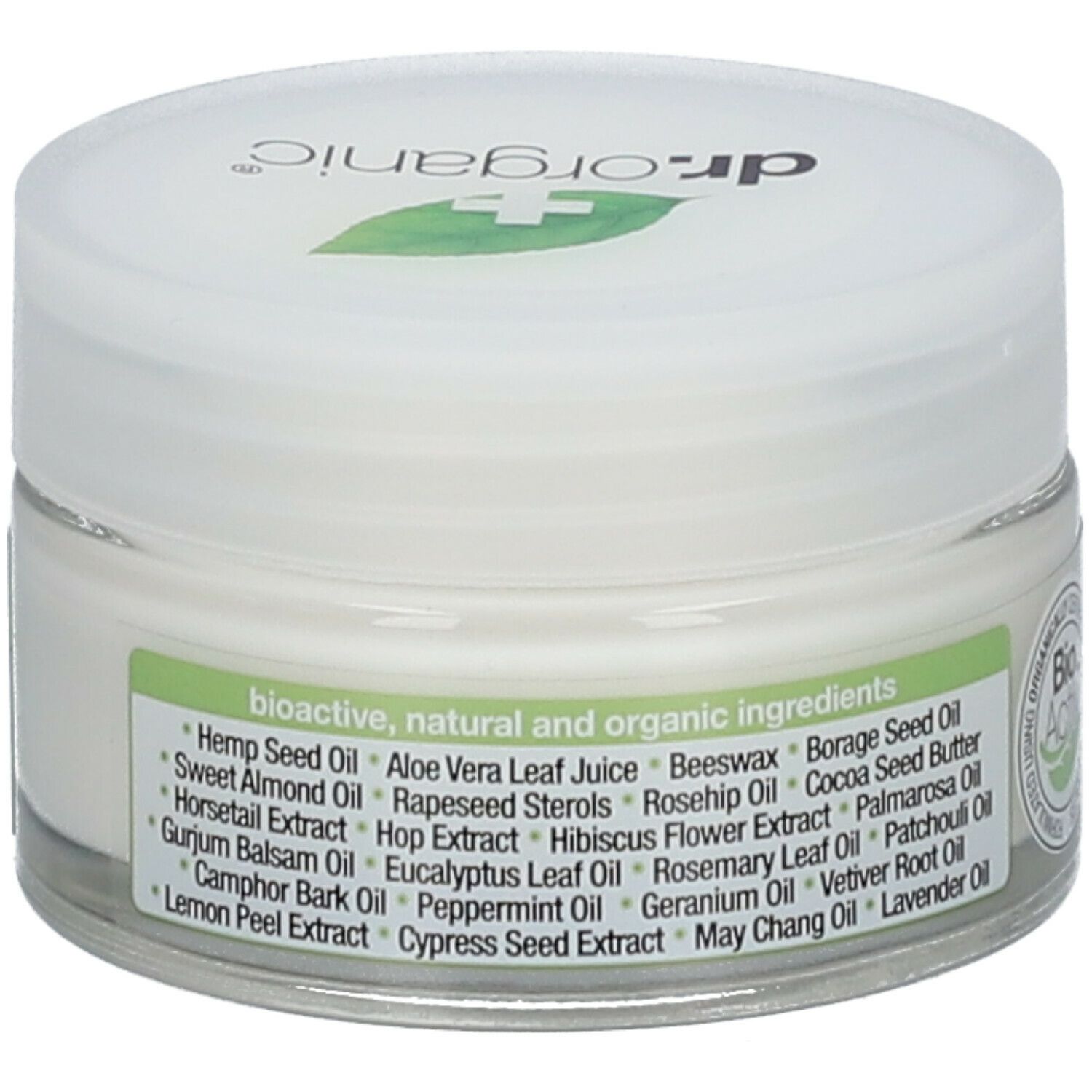 Vasetto di crema con coperchio. Scritta: Ingredienti bioattivi, naturali e biologici. Contiene olio di semi di canapa, aloe vera, ecc. Prodotto nel Regno Unito.
