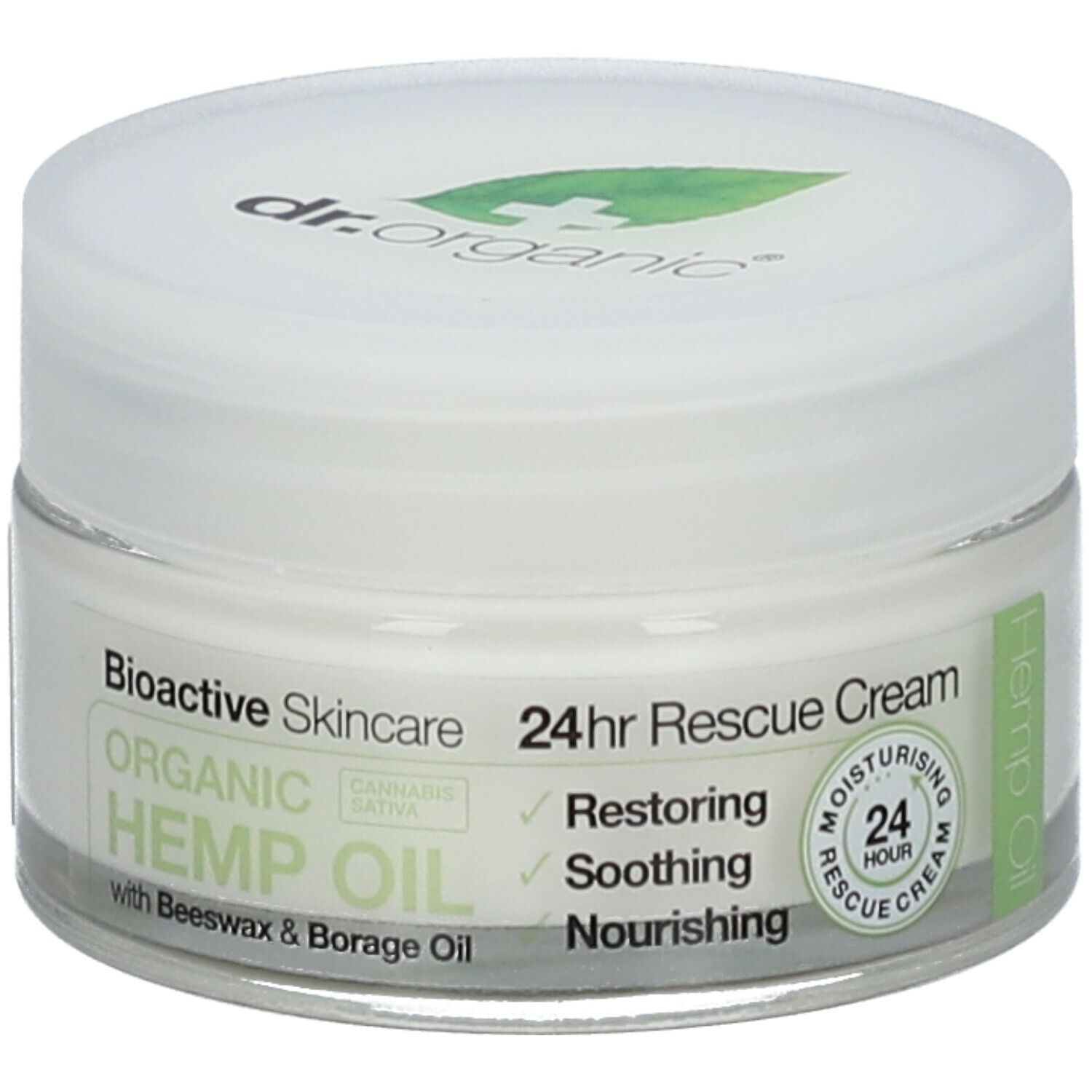 Vasetto di crema con coperchio. Scritta: Dr. Organic, Bioactive Skincare, 24hr Rescue Cream, Olio di canapa. Contiene cera d'api e olio di borragine.