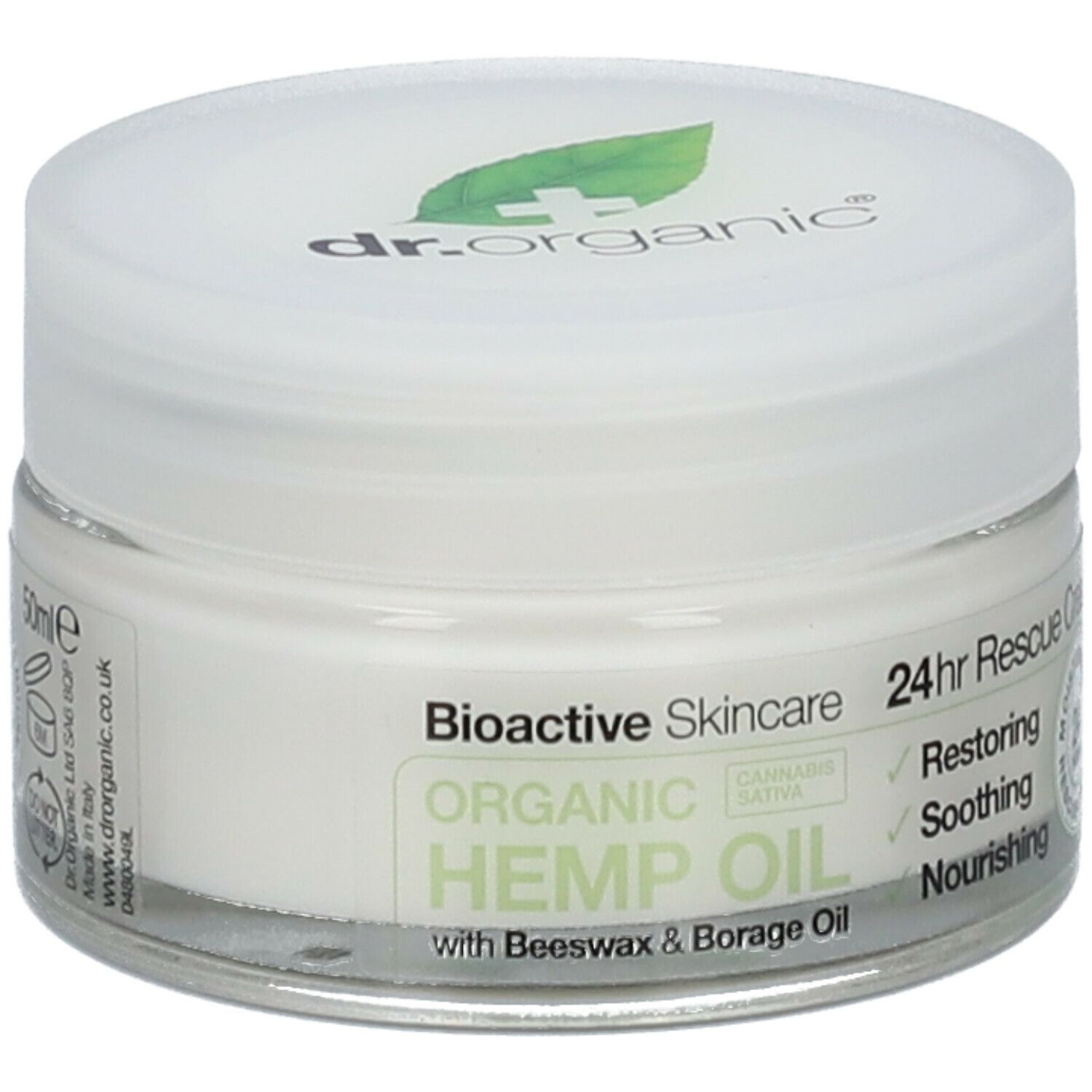 Vasetto di crema con coperchio. Scritta: Dr. Organic, Bioactive Skincare, 24hr Rescue Cream, Olio di canapa. 50ml. Lenitivo, nutriente e idratante.