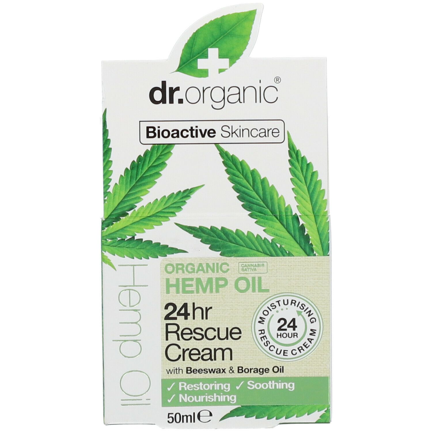Confezione. Scritta: Dr. Organic, 24hr Rescue Cream, Olio di canapa. 50ml. Lenitivo, nutriente e idratante. Con cera d'api e olio di borragine.