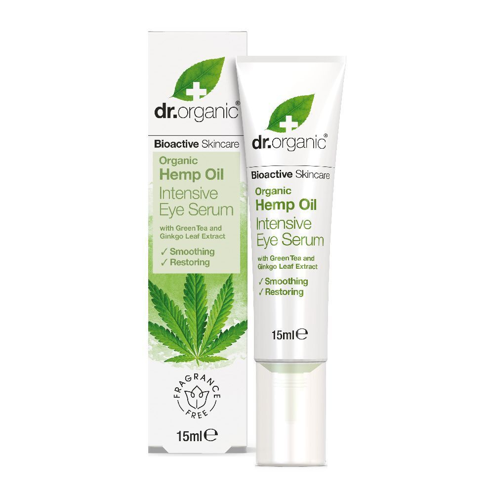 Tubo e scatola bianchi con testo. Contiene "Organic Hemp Oil Intensive Eye Serum". 15ml.