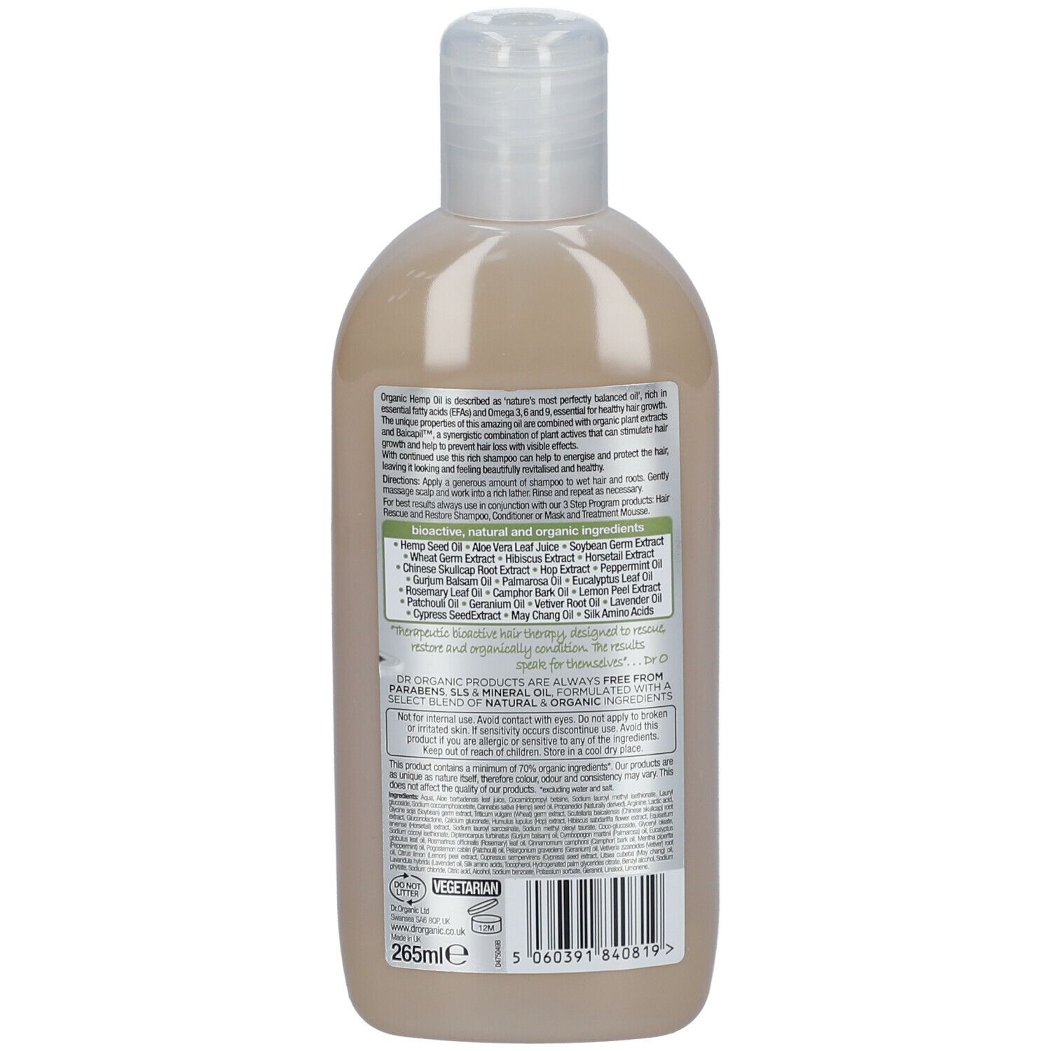 Rückseite der Shampoo-Flasche. Auflistung der Inhaltsstoffe und Informationen. 265ml. Bio-Siegel.