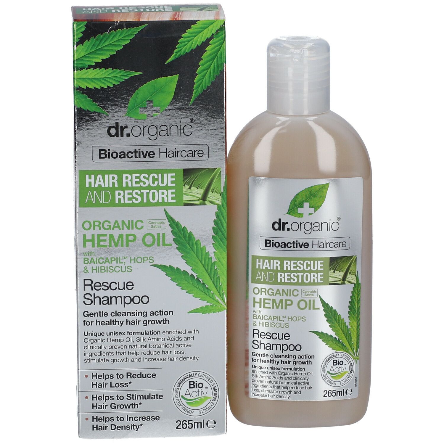 Shampoo-Flasche und Verpackung. Aufschrift: Dr. Organic, Bioaktive Haarpflege, Hair Rescue and Restore, Hanföl.
