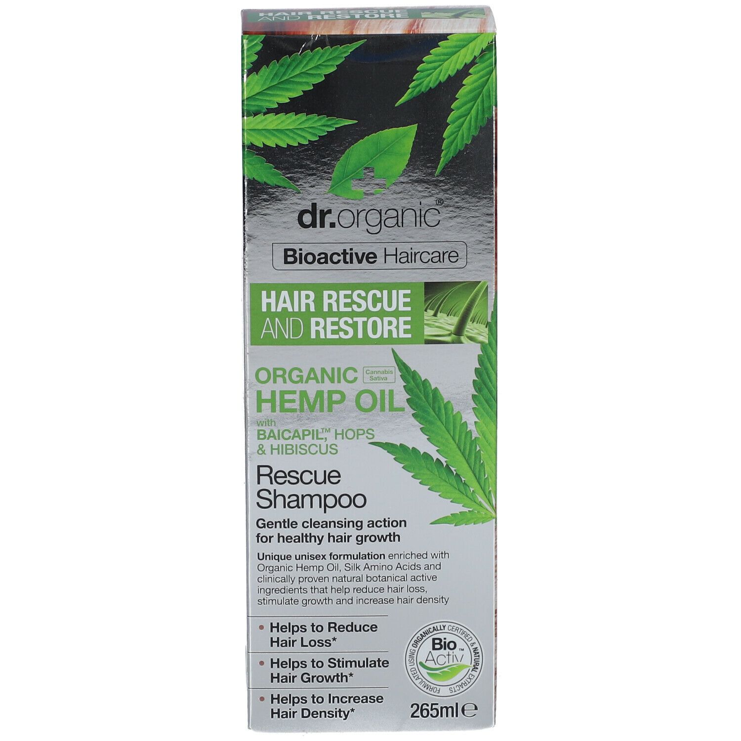 Verpackung. Aufschrift: Dr. Organic, Bioaktive Haarpflege, Hair Rescue and Restore, Hanföl. 265ml.