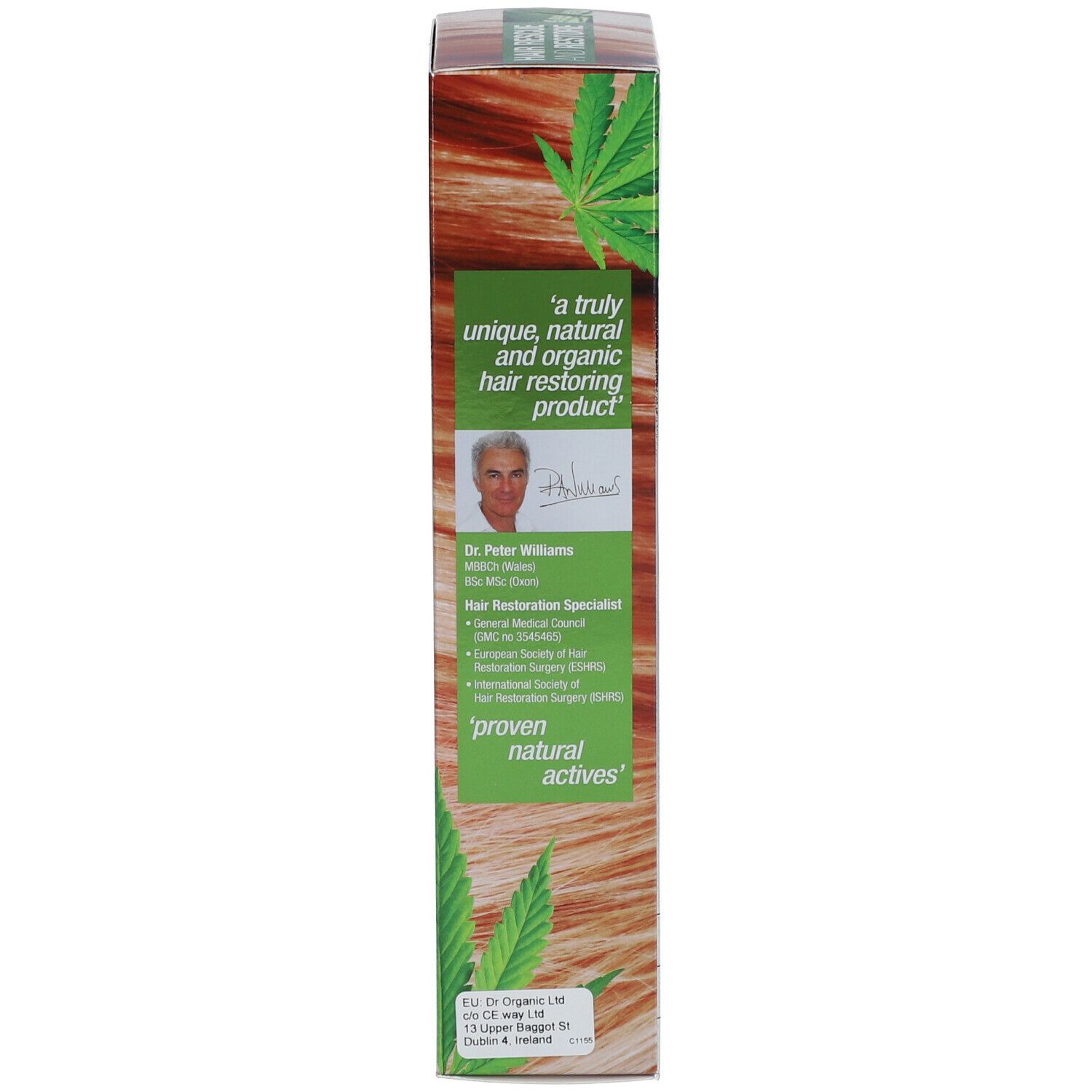 Verpackung. Seite mit Text und Bild von Dr. Peter Williams. Aufschrift: 'a truly unique, natural and organic hair restoring product'.