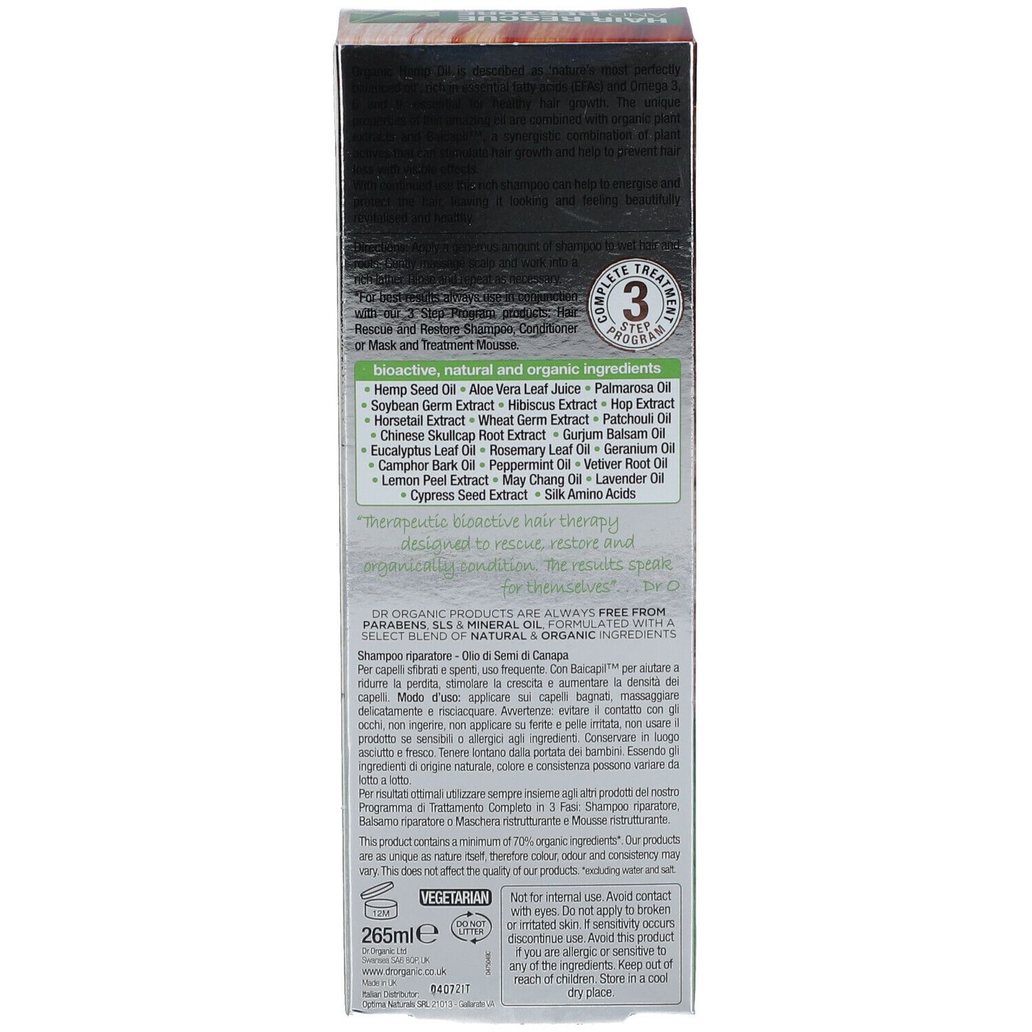 Verpackung. Rückseite mit Inhaltsstoffen und Informationen. Aufschrift: 'complete treatment'. 265ml.