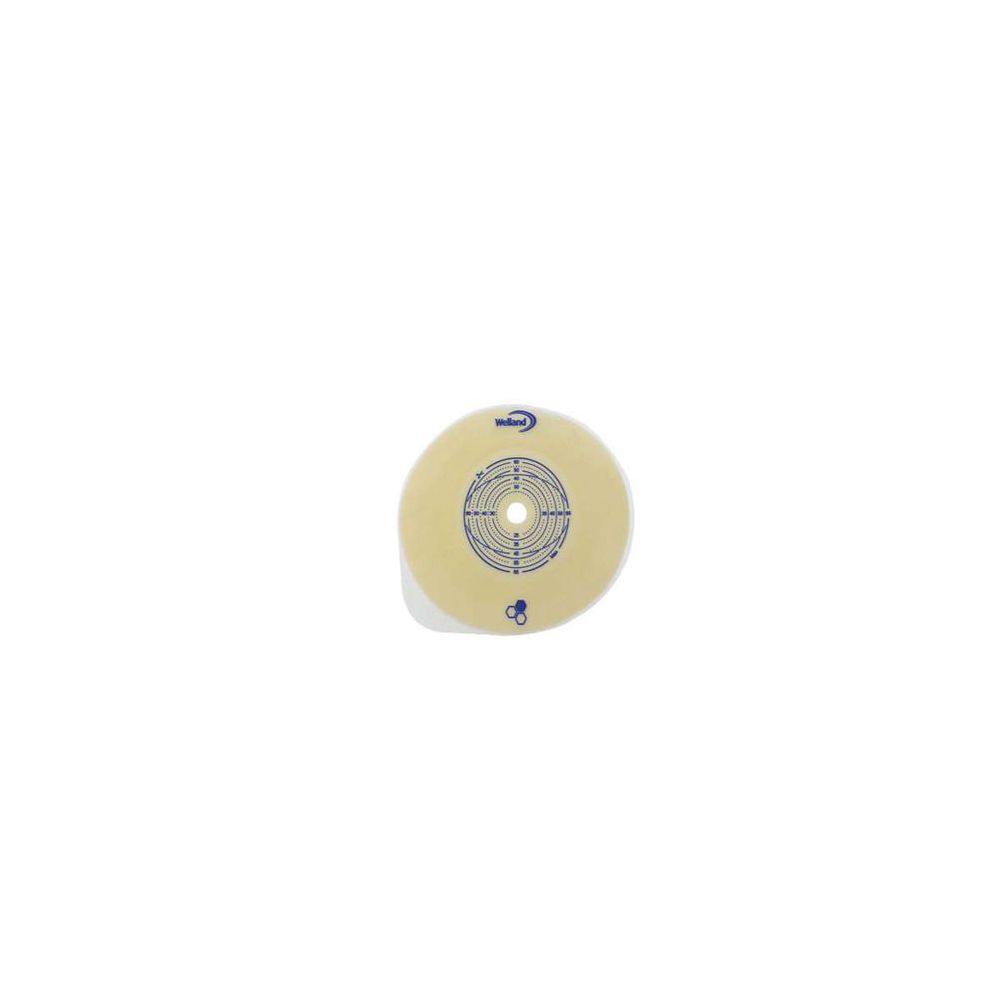 Placca medica rotonda beige con segni blu. Cerchi concentrici e numeri al centro. Marchio non visibile.