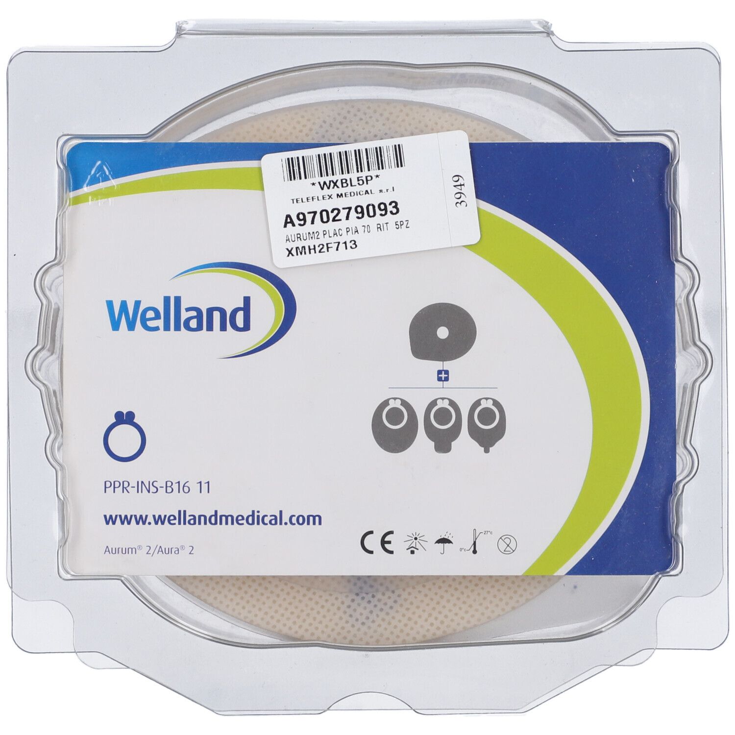Prodotto Welland confezionato. Base beige rotonda con segni blu. Etichetta con informazioni sul prodotto.