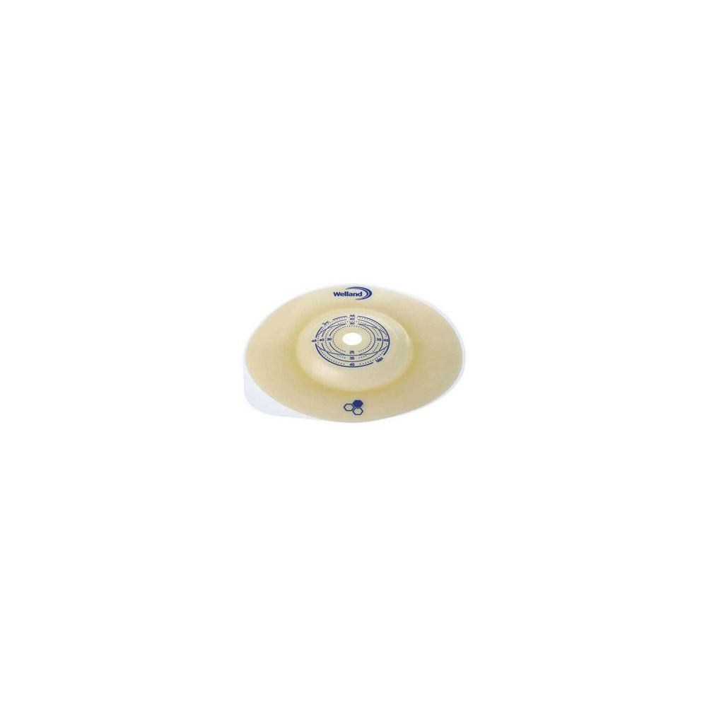 Placca base convessa. Beige. Con foro e segni blu. Marchio visibile.