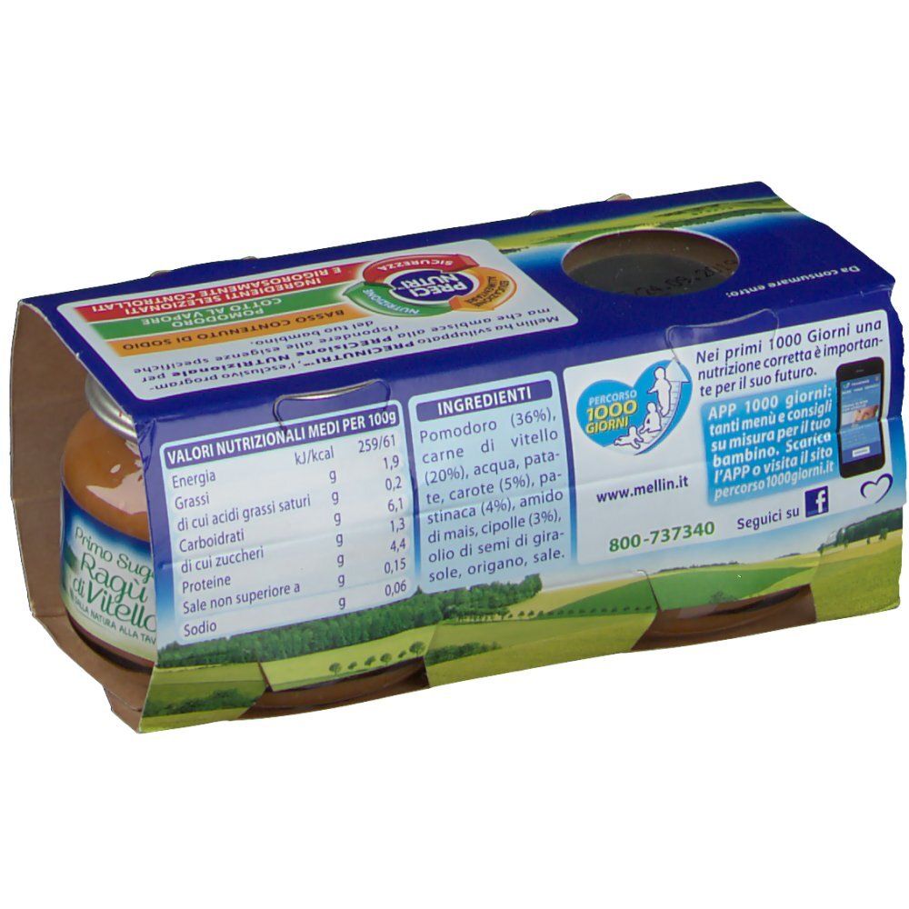 Rückseite der Verpackung mit Nährwertangaben und Zutaten. Marke Mellin. Blaue Verpackung mit Text.