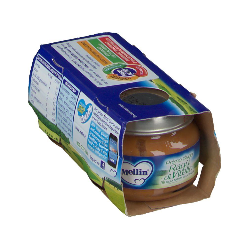 Glas Primo Sugo Ragù di Vitello in blauer Verpackung. Marke Mellin. Ansicht von oben, teilweise verdeckt.