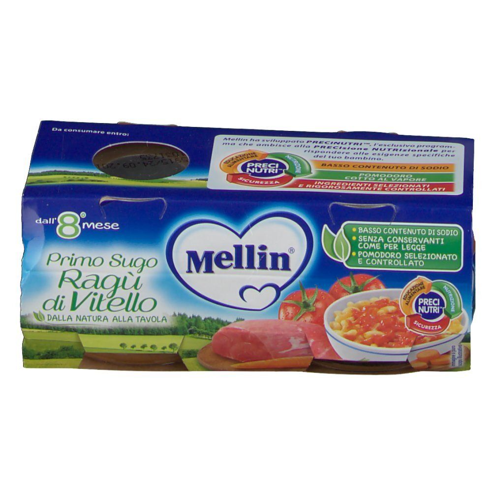 Verpackung mit Gläsern Primo Sugo Ragù di Vitello. Marke Mellin. Blaue Verpackung mit Produktabbildung und Logo.