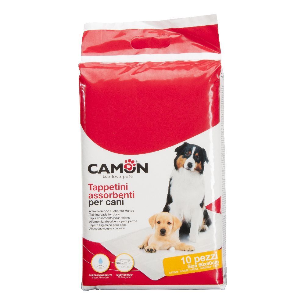 Confezione di tappetini assorbenti per cani. Marchio CAMON. Immagine di due cani. 10 pezzi, dimensioni 60x60cm.
