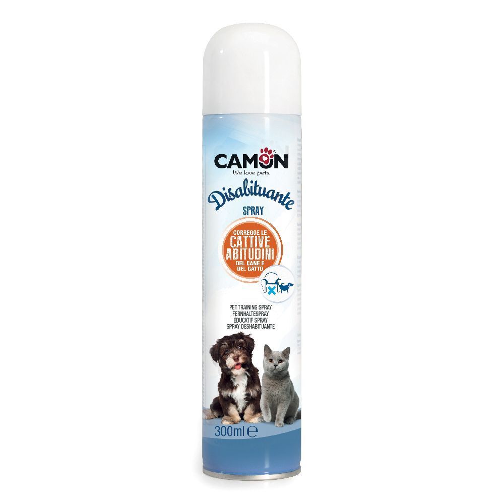 Bomboletta spray blu e bianca con nome del prodotto e immagini di cane e gatto. Scritta: Disabituante Spray.