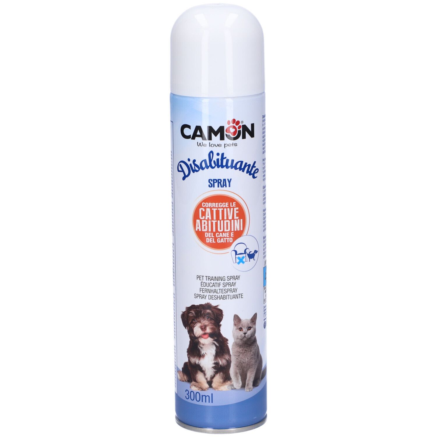 Bomboletta spray blu e bianca con nome del prodotto e immagini di cane e gatto. Scritta: Disabituante Spray.