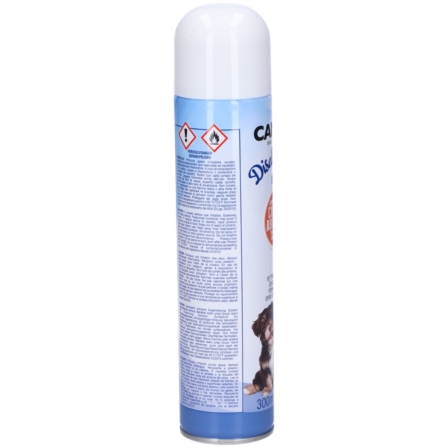 Bomboletta spray blu e bianca con testo e pittogrammi. Retro con informazioni sul prodotto e avvertenze.