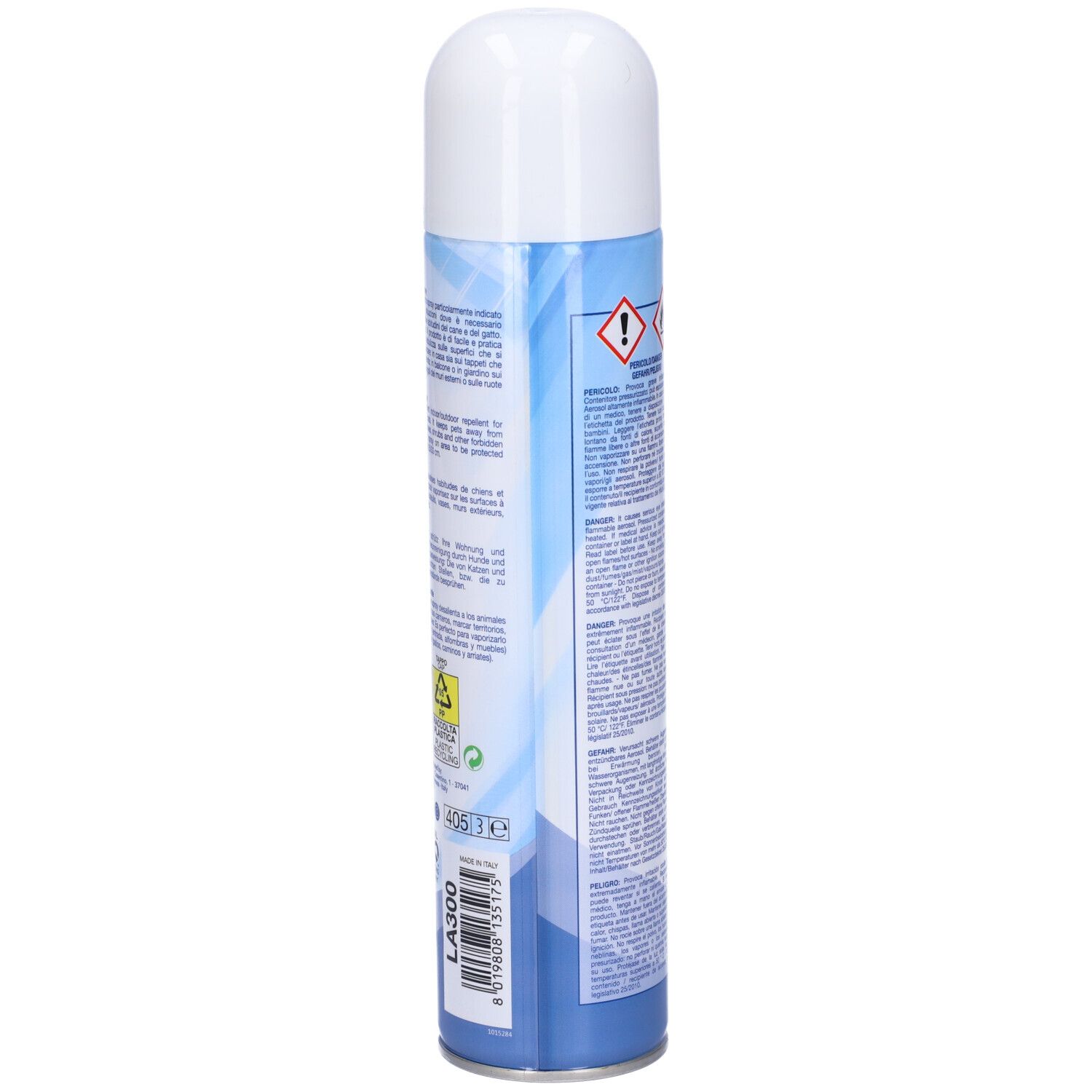 Bomboletta spray blu e bianca, retro con testo e pittogrammi. Contiene avvertenze e simboli di riciclaggio.