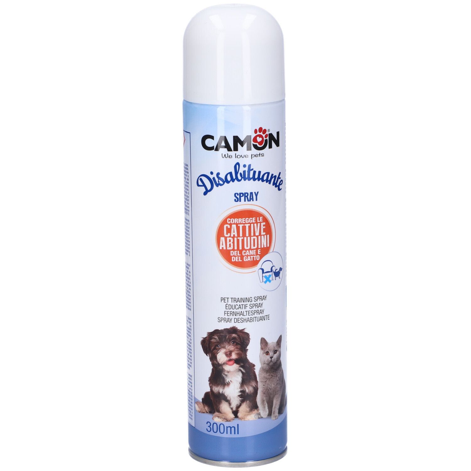Bomboletta spray blu e bianca con nome del prodotto e immagini di cane e gatto. Scritta: Disabituante Spray.