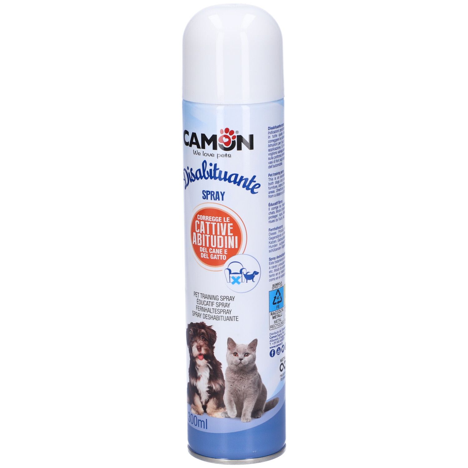 Bomboletta spray blu e bianca con nome del prodotto e immagini di cane e gatto. Scritta: Disabituante Spray.