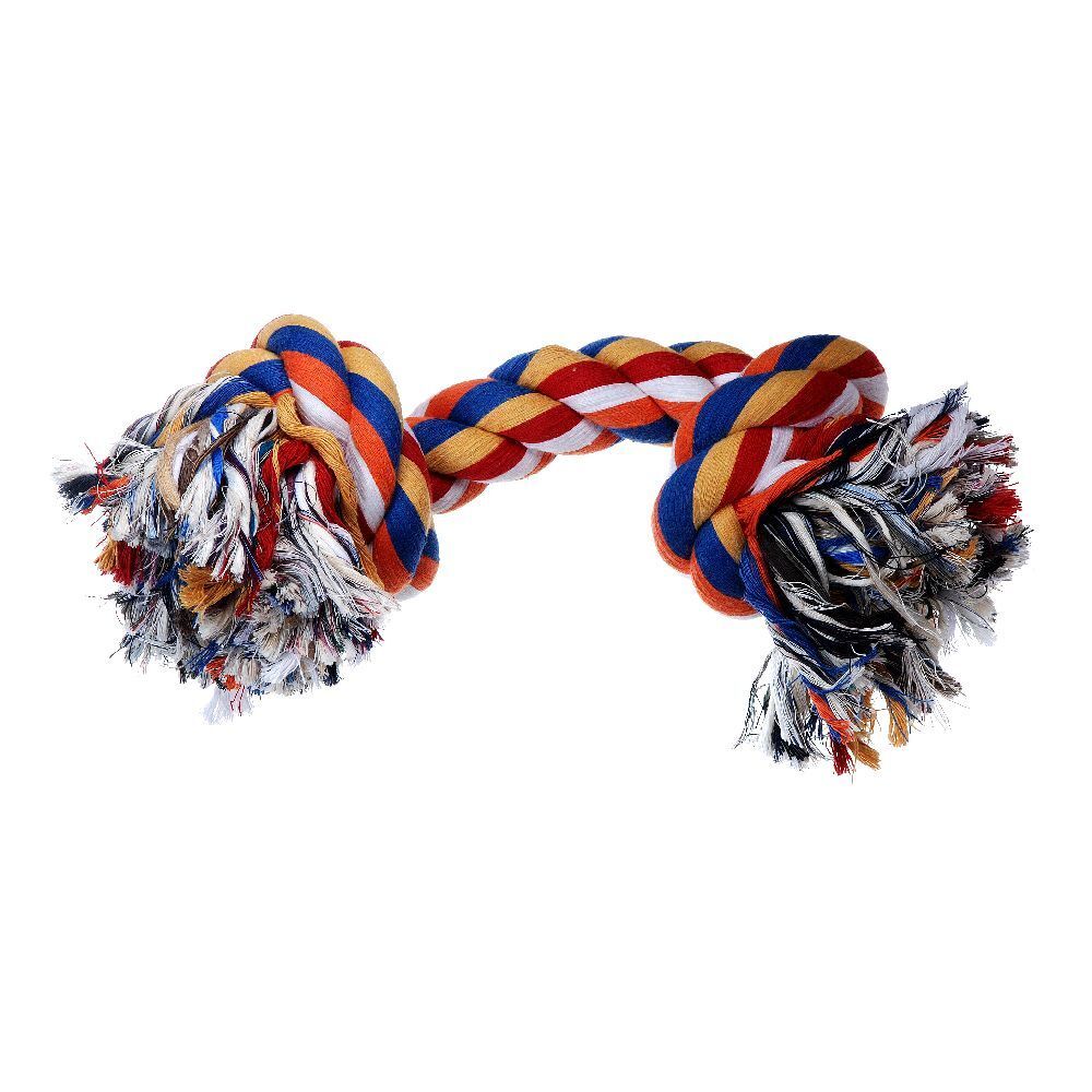 Giocattolo per cani. Corda con due nodi e frange alle estremità. Corda multicolore: blu, giallo, rosso e arancione.