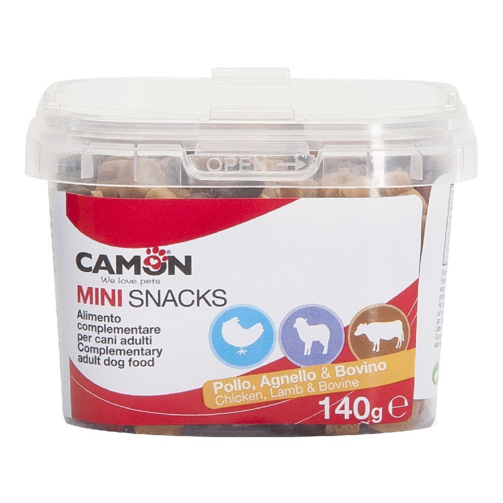 Contenitore quadrato trasparente con snack per cani. Scritta: CAMON Mini Snacks, pollo, agnello e manzo, 140g.