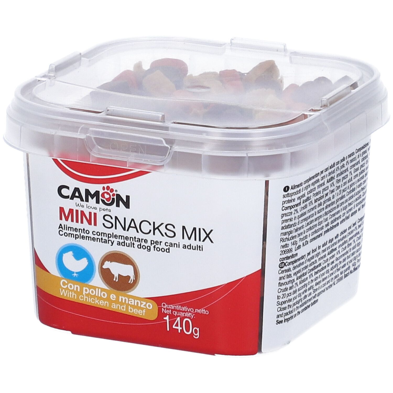 Contenitore trasparente con snack per cani. Scritta: CAMON Mini Snacks Mix, pollo e manzo, 140g.