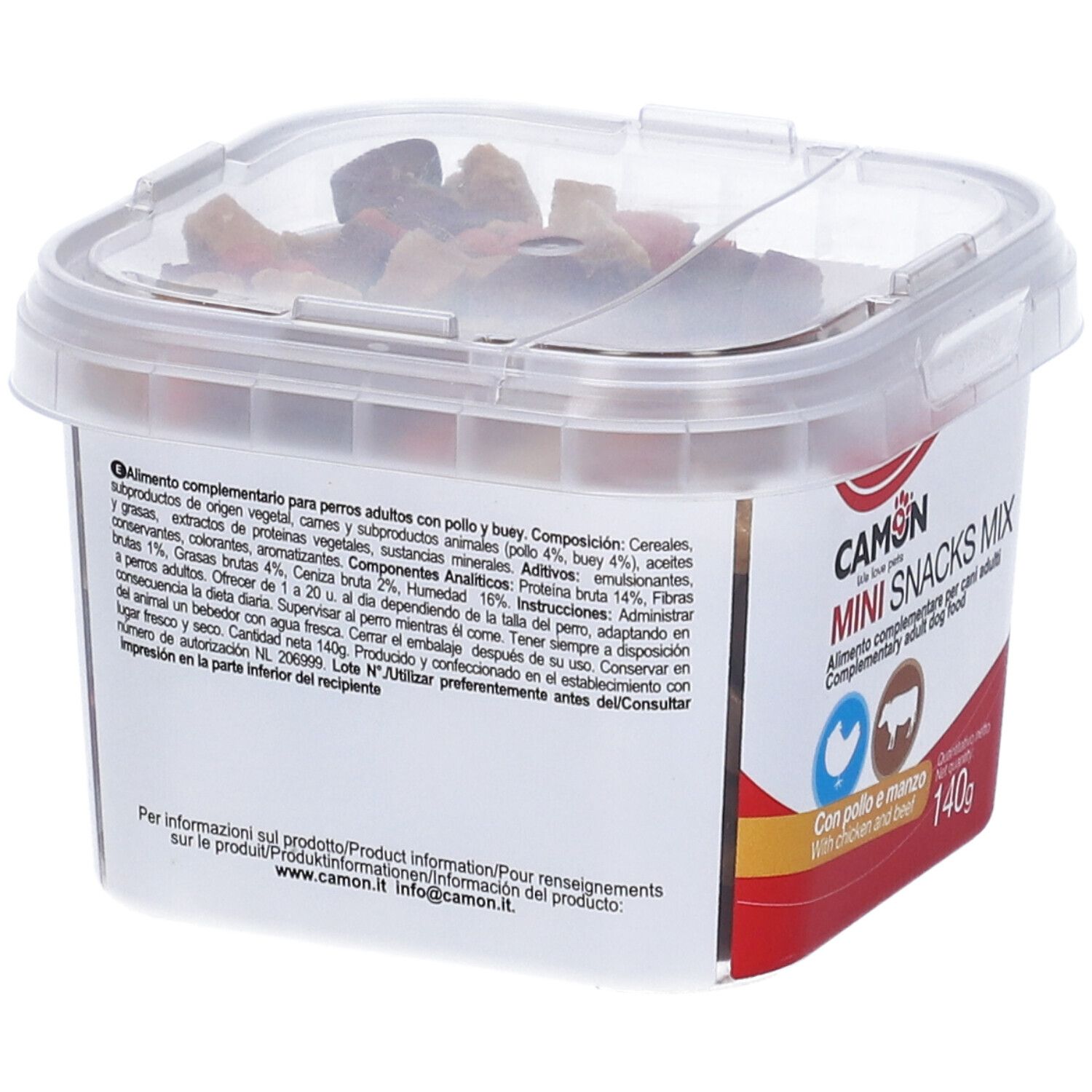 Contenitore trasparente con snack per cani. Scritta: CAMON Mini Snacks Mix, pollo e manzo, 140g. Retro con testo.