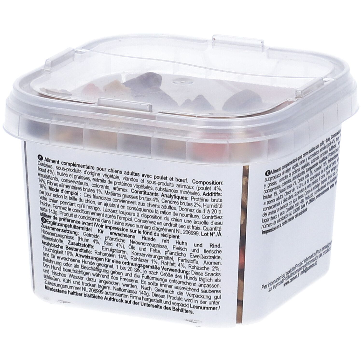 Contenitore trasparente con snack per cani. Scritta: CAMON Mini Snacks Mix, pollo e manzo, 140g. Retro con testo.
