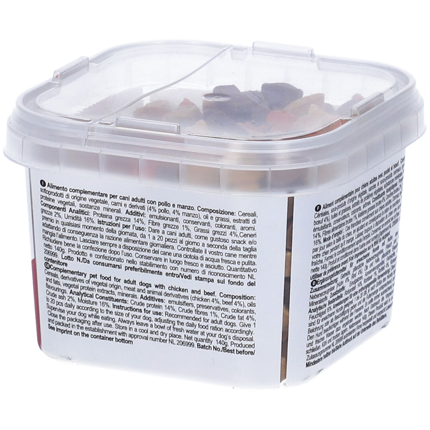 Contenitore trasparente con snack per cani. Scritta: CAMON Mini Snacks Mix, pollo e manzo, 140g. Retro con testo.