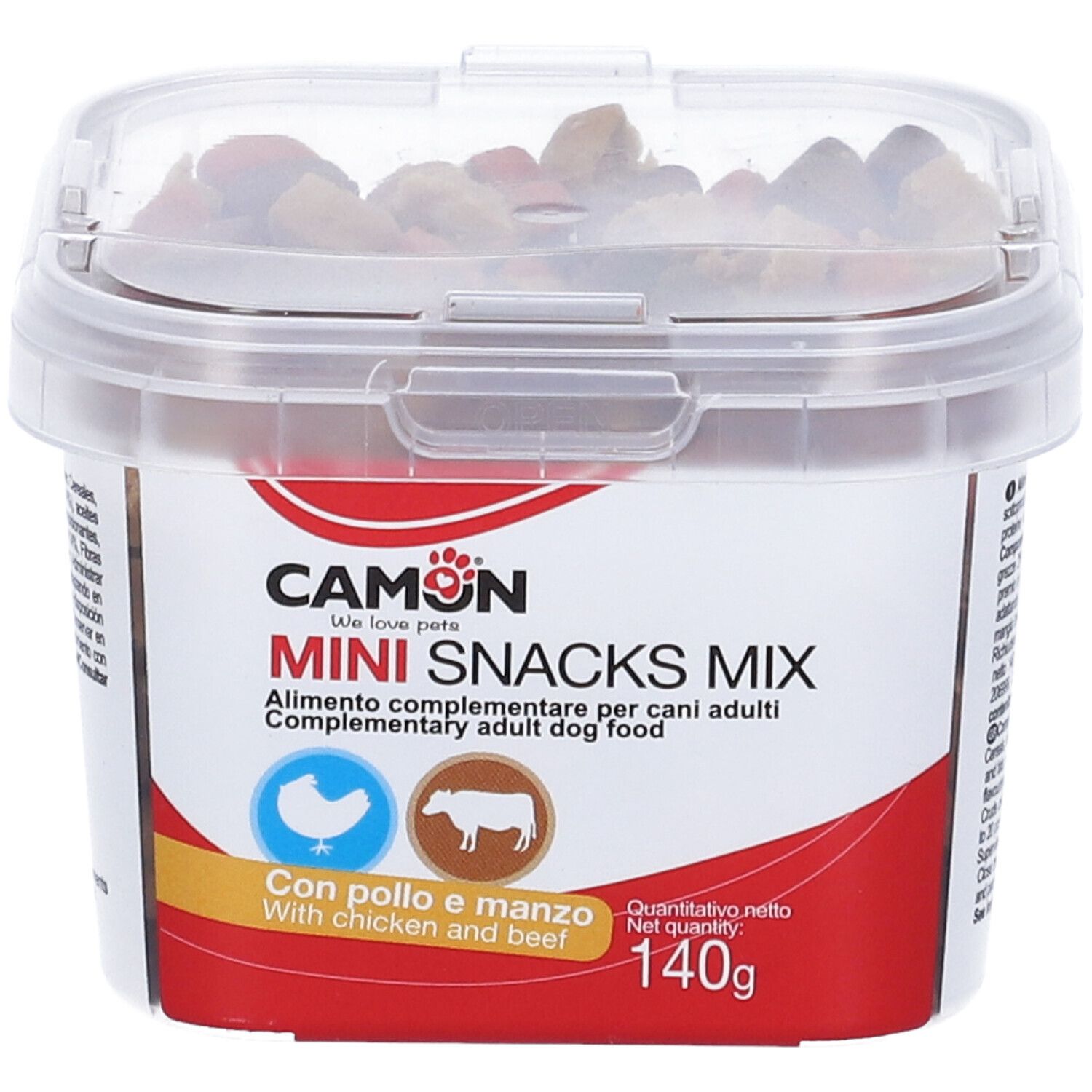 Contenitore trasparente con snack per cani. Scritta: CAMON Mini Snacks Mix, pollo e manzo, 140g. Retro con testo.