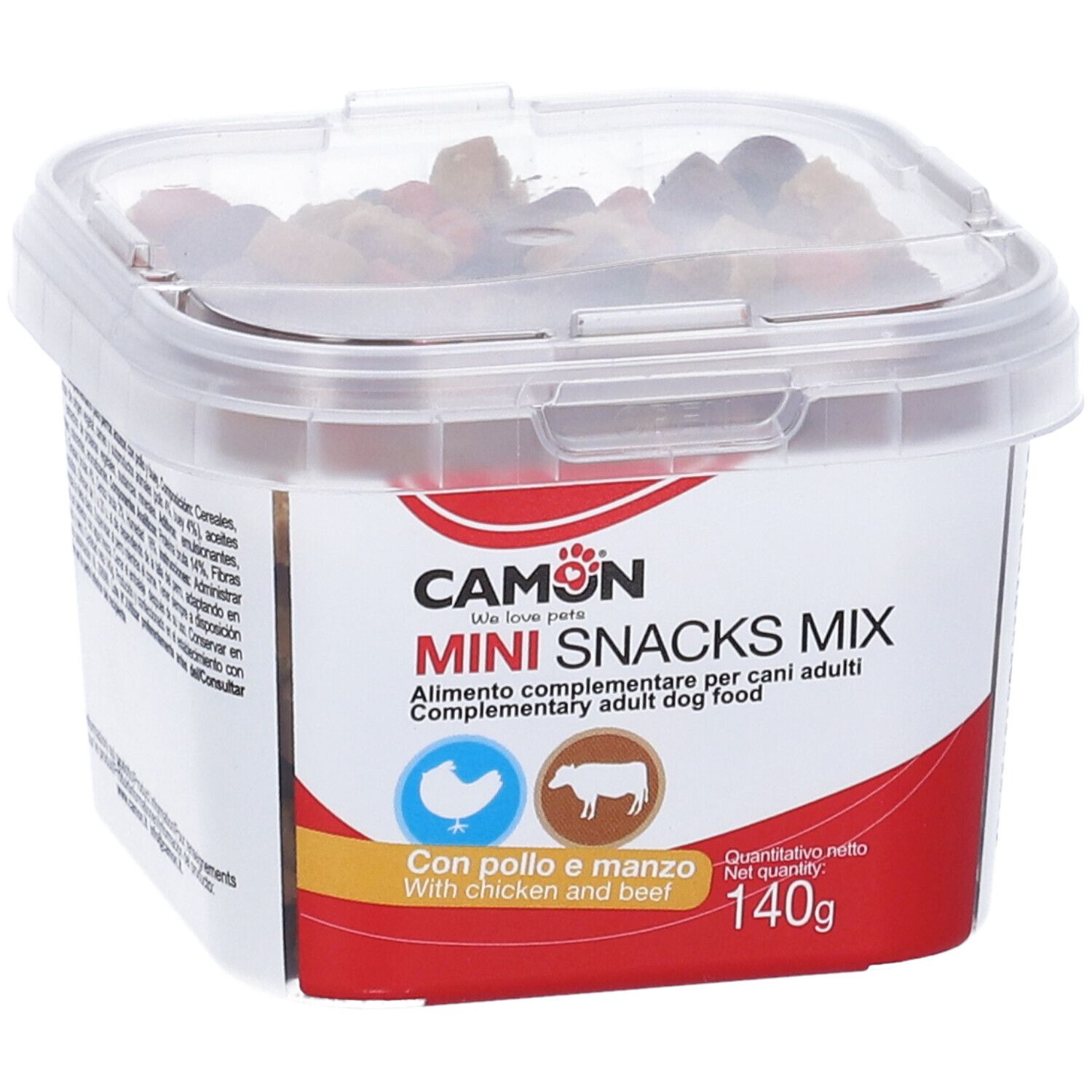 Contenitore trasparente con snack per cani. Scritta: CAMON Mini Snacks Mix, pollo e manzo, 140g.