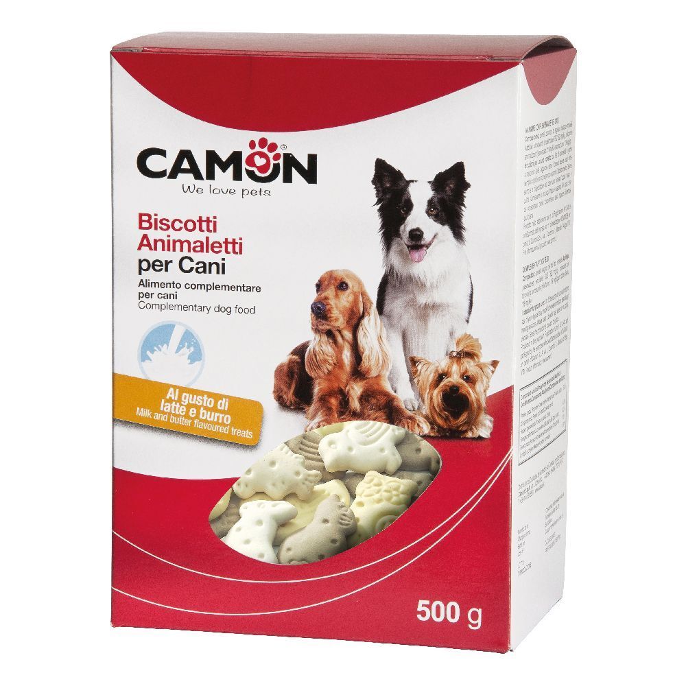 Confezione di biscotti per cani. Scritta: CAMON, Biscotti Animaletti, 500 g. Cani sulla confezione.