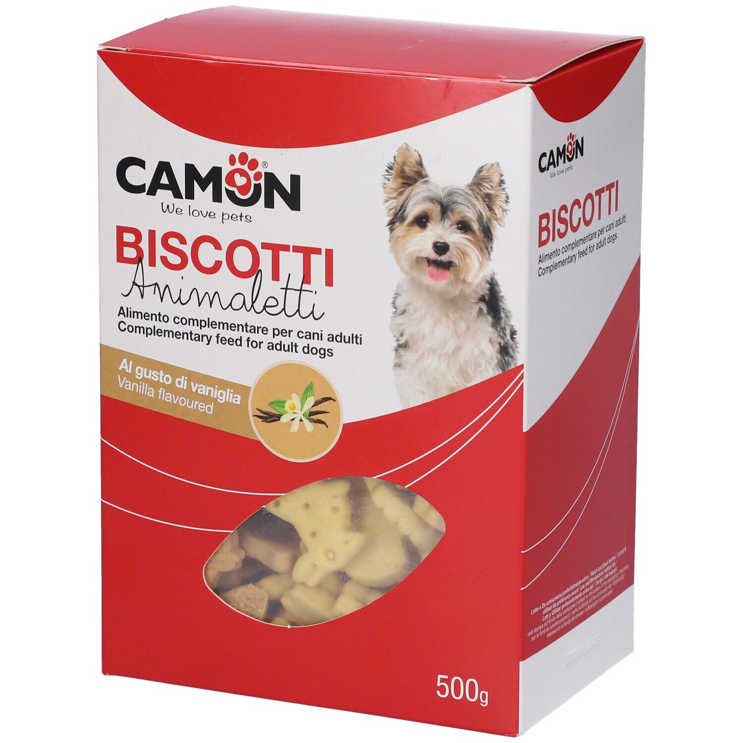 Confezione di biscotti per cani. Scritta: CAMON, Biscotti Animaletti, 500 g. Cane sulla confezione.