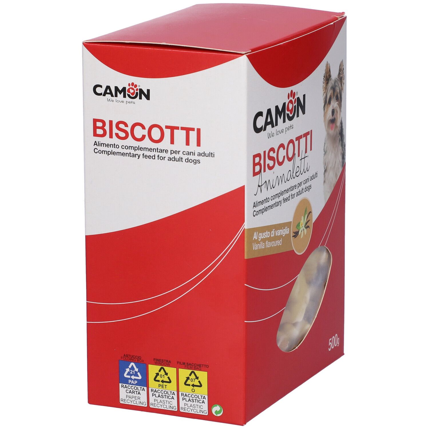 Confezione di biscotti per cani. Scritta: CAMON, Biscotti, 500 g. Cane sulla confezione.