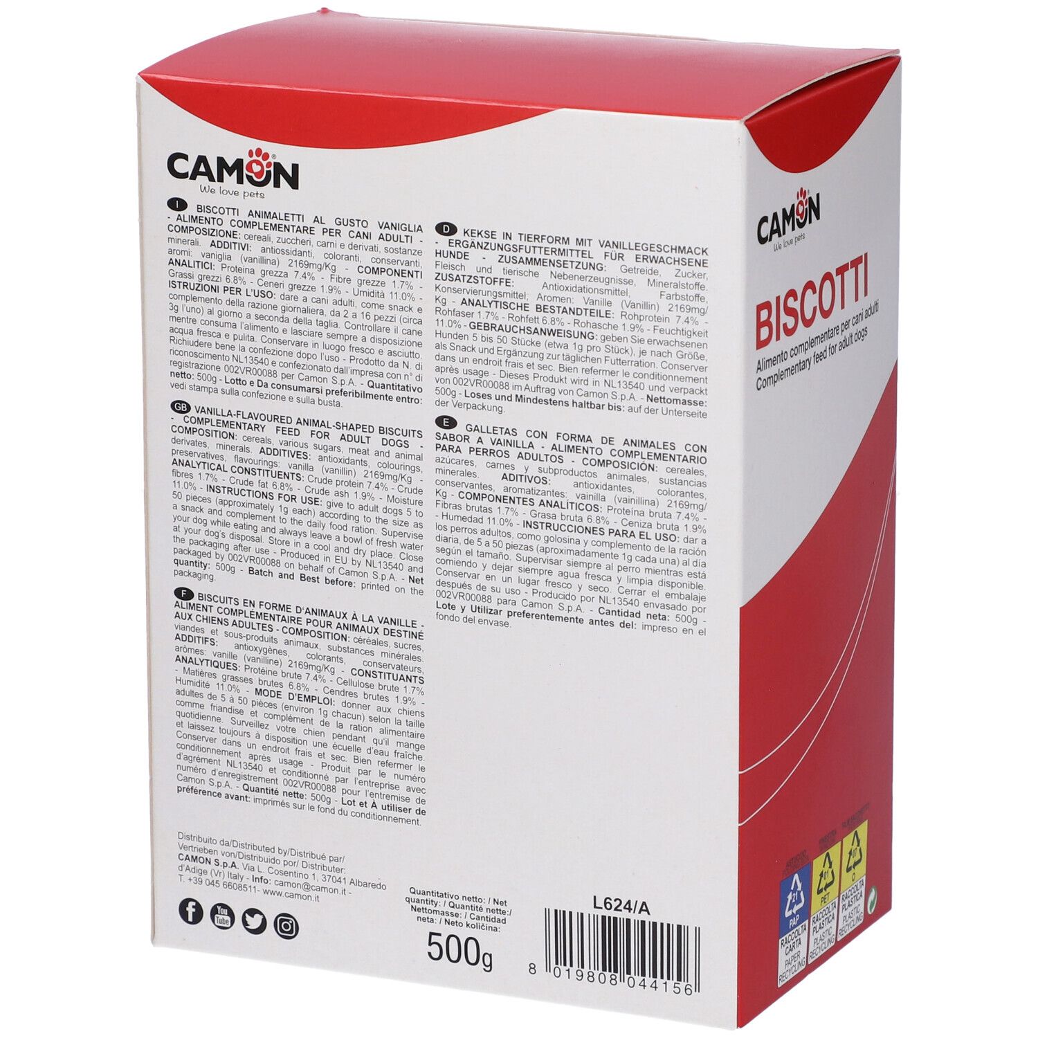 Retro della confezione di biscotti per cani. Scritta: CAMON, Biscotti Animaletti, 500 g. Testo multilingue.