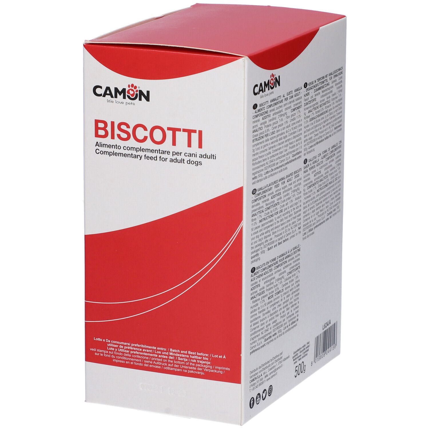 Confezione di biscotti per cani. Scritta: CAMON, Biscotti, 500 g. Testo multilingue.
