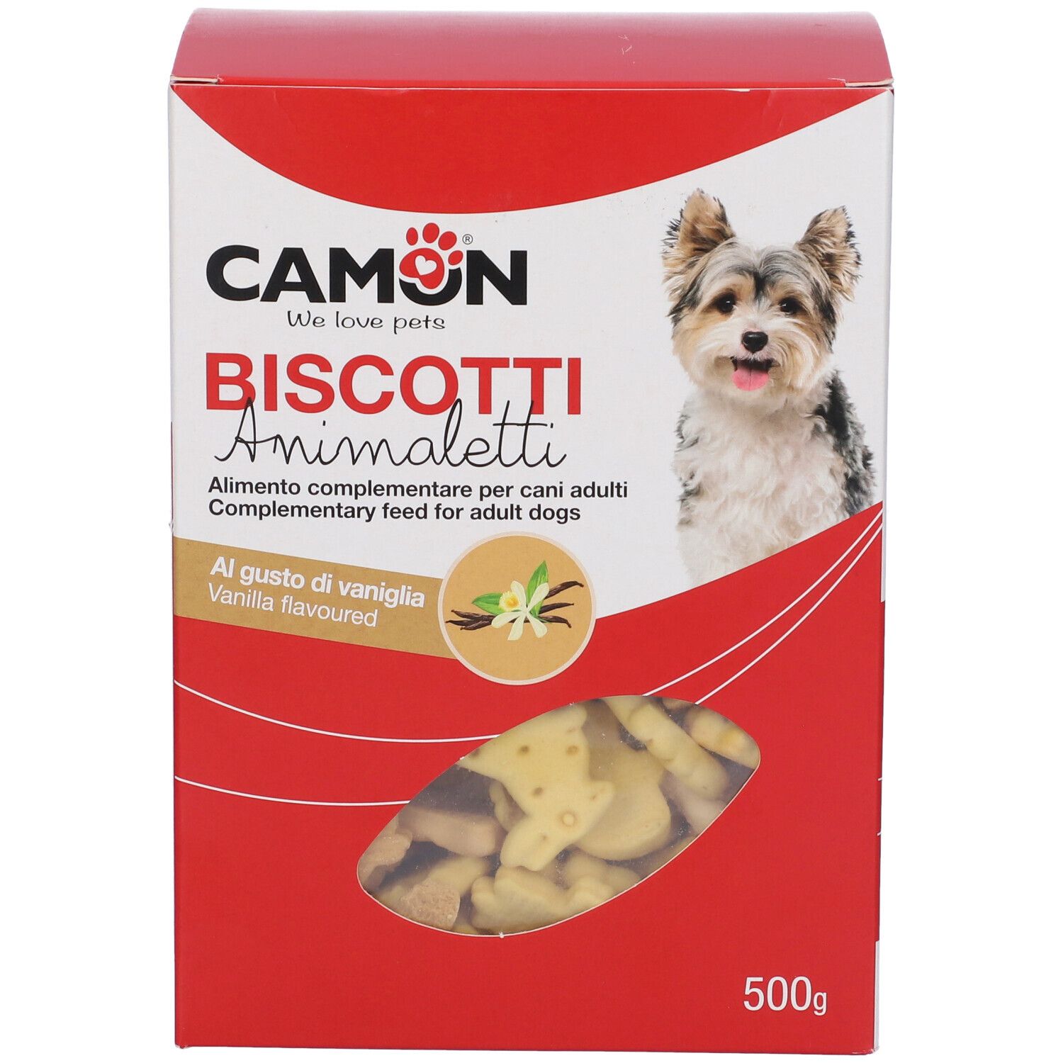 Confezione di biscotti per cani. Scritta: CAMON, Biscotti Animaletti, 500 g. Cane sulla confezione.